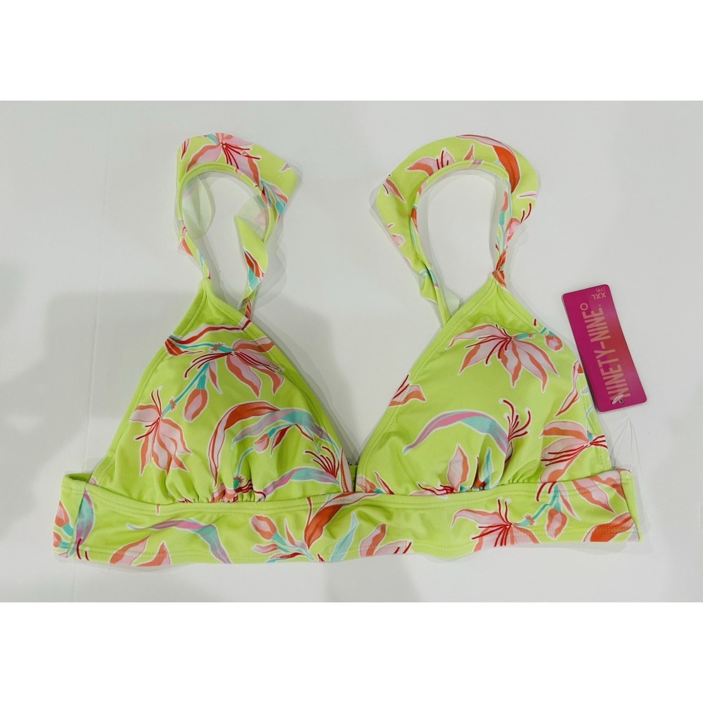 Ninety-Nine Bikini Top Size XXL Lime Green Pink Tropical Leaf Stretch Vacation